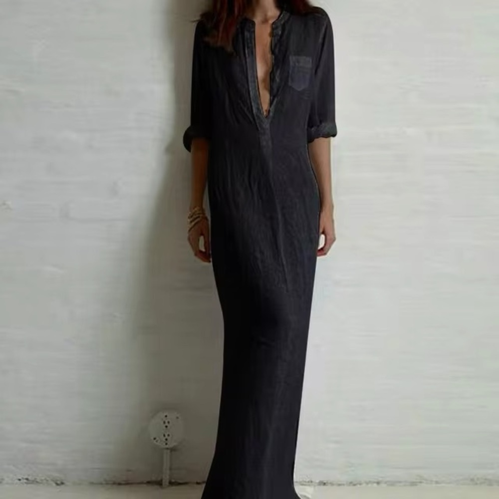Linen Cotton Blend Maxi Dress in Black